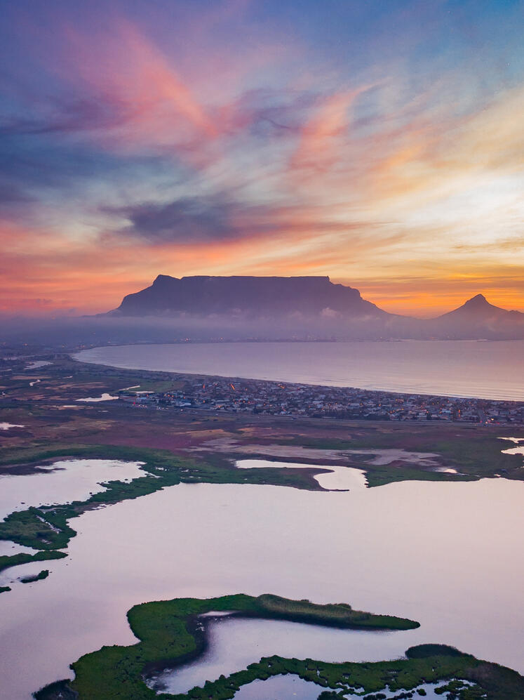 Aerial photograph of Table Mountain at sunset